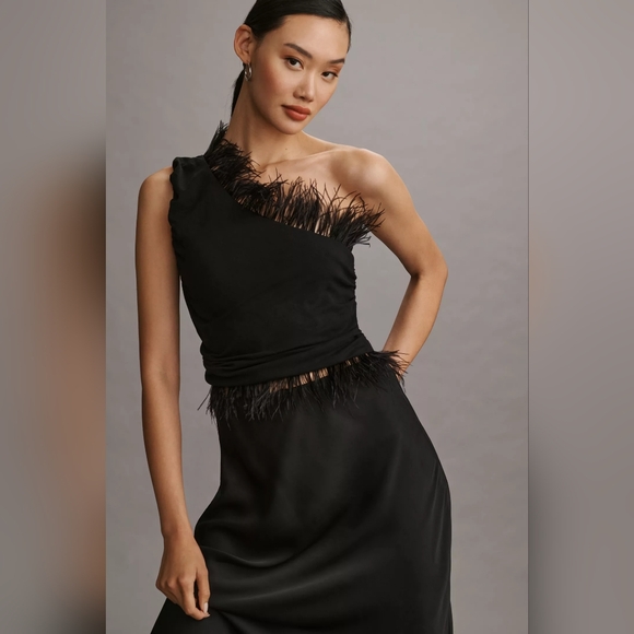 MWT Anthropologie Black Feathered One-Shoulder Cropped Top sz XL - Picture 4 of 12